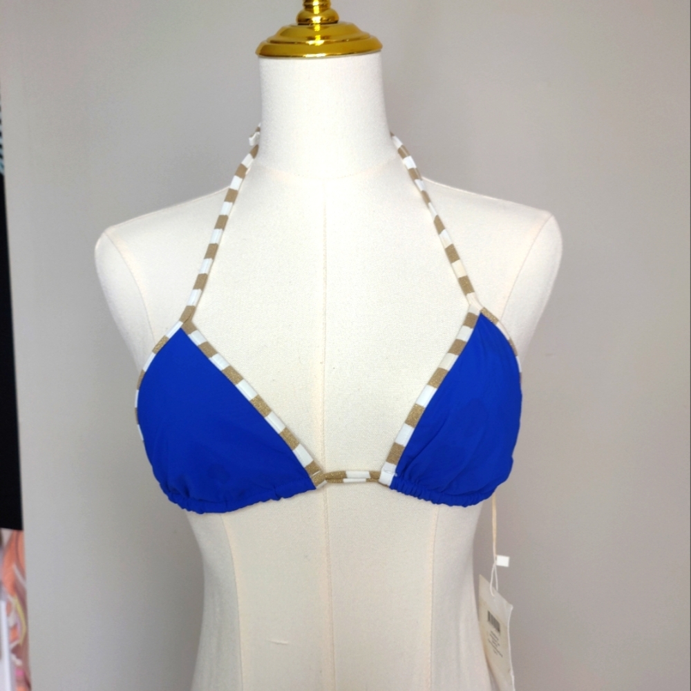 Diane Von Furstenberg Classic Bikini Blue Gold metallic swim Top Size S.